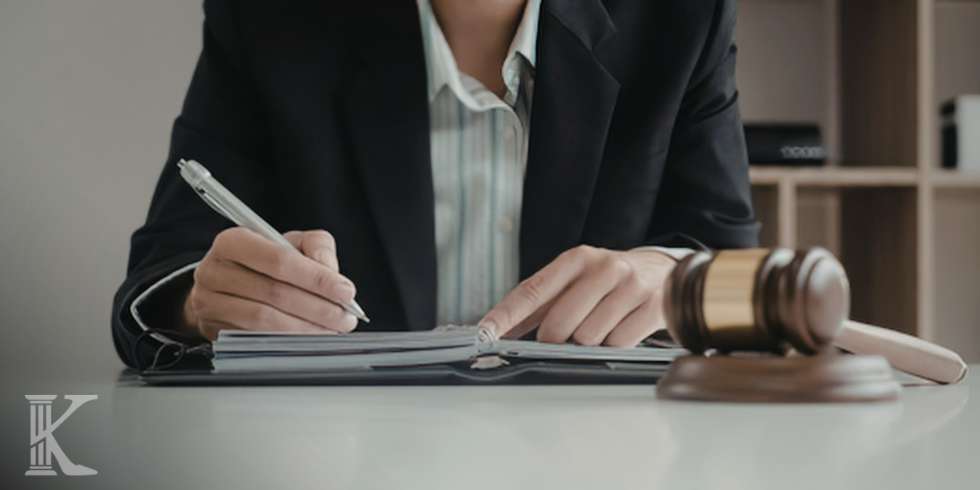 Młotek sędziowski na podstawce na biurku z dokumentami; w tle rozmyta postać prawnika.