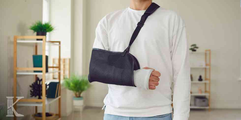 Mężczyzna w białej bluzie z prawą ręką w gipsie i czarnym temblaku, stojący w jasnym pomieszczeniu na tle regałów z roślinami.