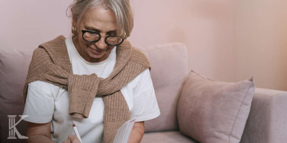 Elderly woman with glasses sits on a beige sofa, writing in a notebook with a tan scarf draped over her shoulders.