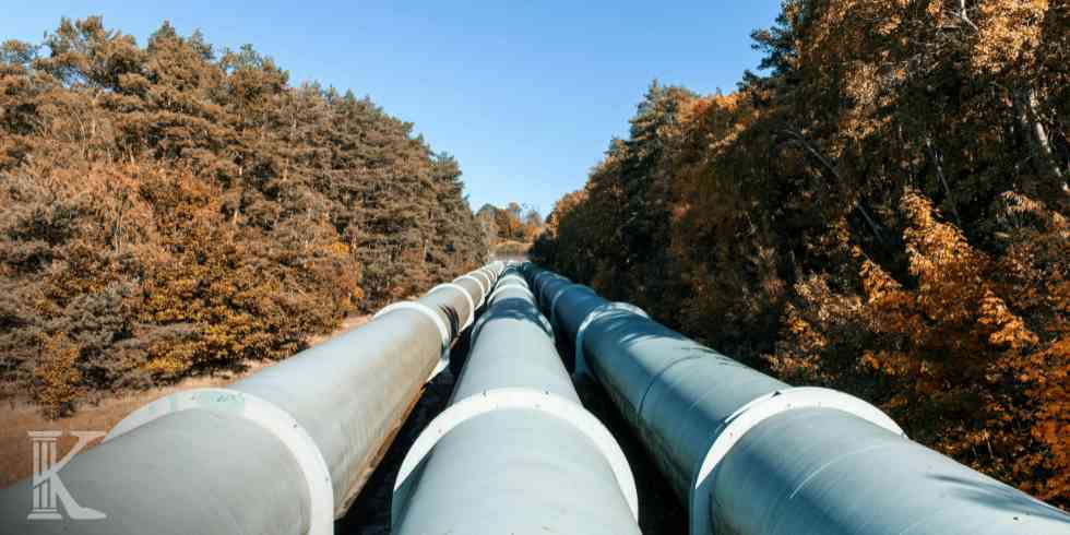 Trzy równoległe rurociągi o dużej średnicy biegnące przez pas wyciętego lasu pod błękitnym niebem