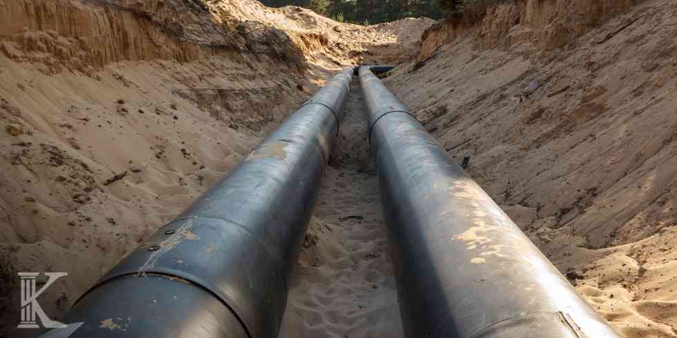 Dwie równoległe, stalowe rury o dużej średnicy ułożone w głębokim wykopie w piaszczystym terenie