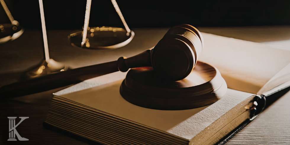 Gavel resting on a law book with the scales of justice blurred in the background.