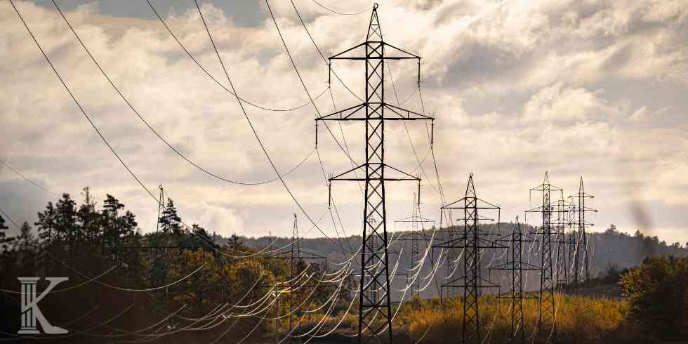 Szereg stalowych słupów wysokiego napięcia z licznymi przewodami na tle lasu i zachmurzonego nieba