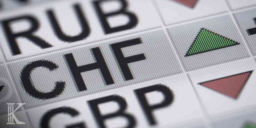 Skrót waluty CHF obok zielonej strzałki wzrostu na ekranie giełdowym – prezentacja rosnącego kursu franka.
