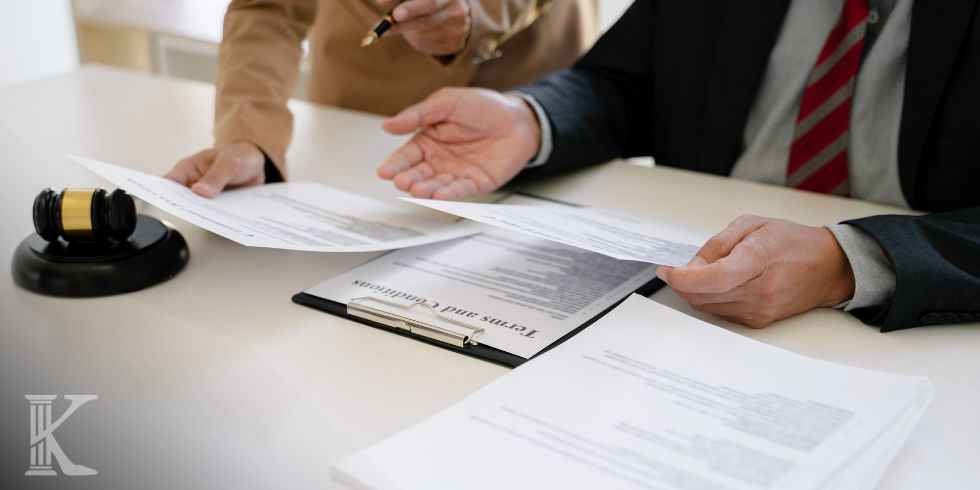 Two professionals review documents at a table, with a gavel and a clipboard nearby.