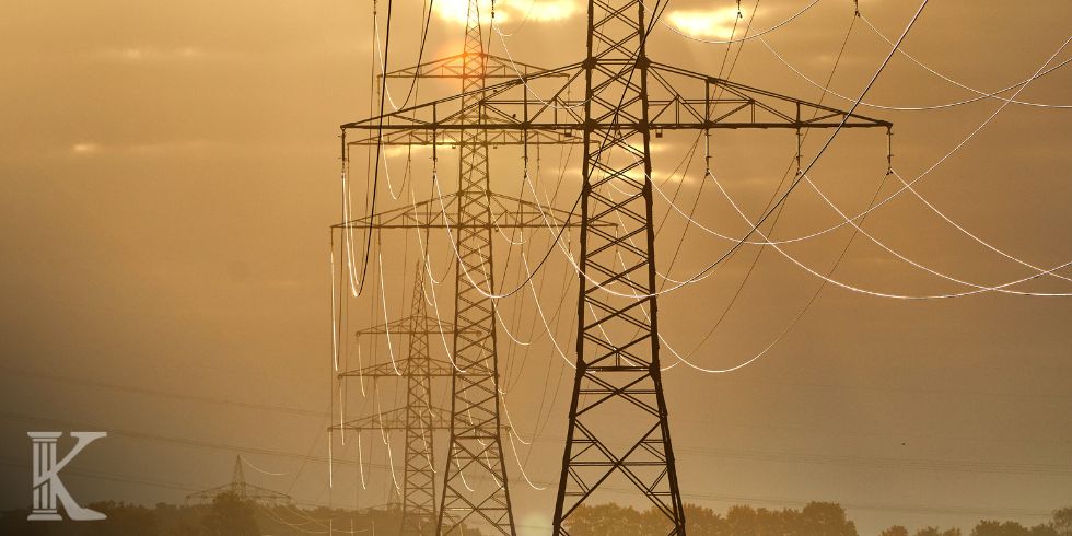 Transmission tower silhouettes with curving power lines at sunset, warm golden sky in the background.